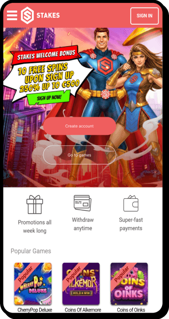 Stakes mobile app showing the welcome bonus and popular games